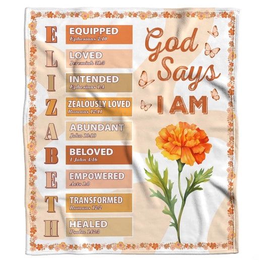 Christian God Says I Am marigold affirmation throw blanket with scripture verse badges on peach background