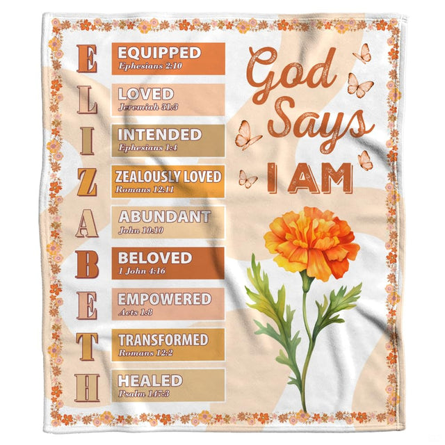 Christian God Says I Am marigold affirmation throw blanket with scripture verse badges on peach background