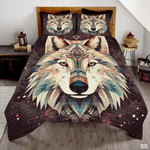 Custom Wildlife Wolf Head Close Up with Geometric Comforter