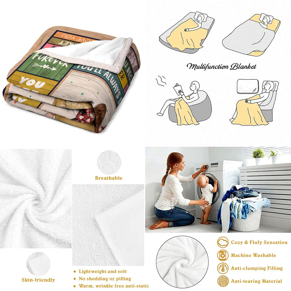 Four-panel collage demonstrating folded styling, lifestyle applications, and home cleaning methods.