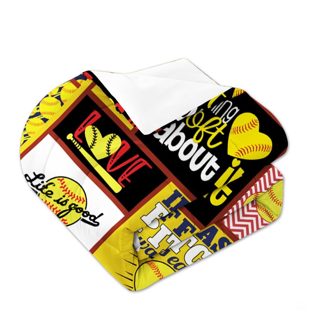 Softball Bedding Set for Softball Lover Ball Sports Theme Bedding Twin Comforter Set Girls Women Bright Teal Yellow Room Decorative Comforter Set - Twin,Queen,King Size Set Bed