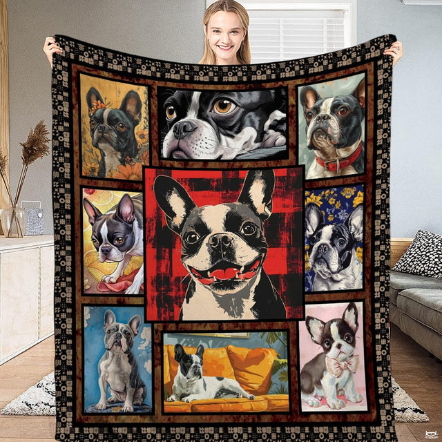 Artistic Boston Terrier multi portrait throw blanket with smiling pup center on red buffalo plaid