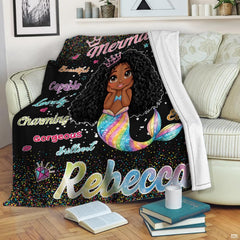 African American cartoon mermaid princess with rainbow fin and colorful confetti on black, view 5.