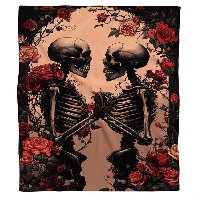 Close view of skeleton couple skull illustration with red rose floral garland