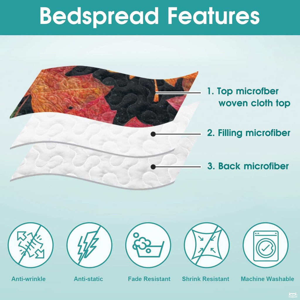 Full bedroom display of teal slate maple leaf bedding set in a rustic country home setting
