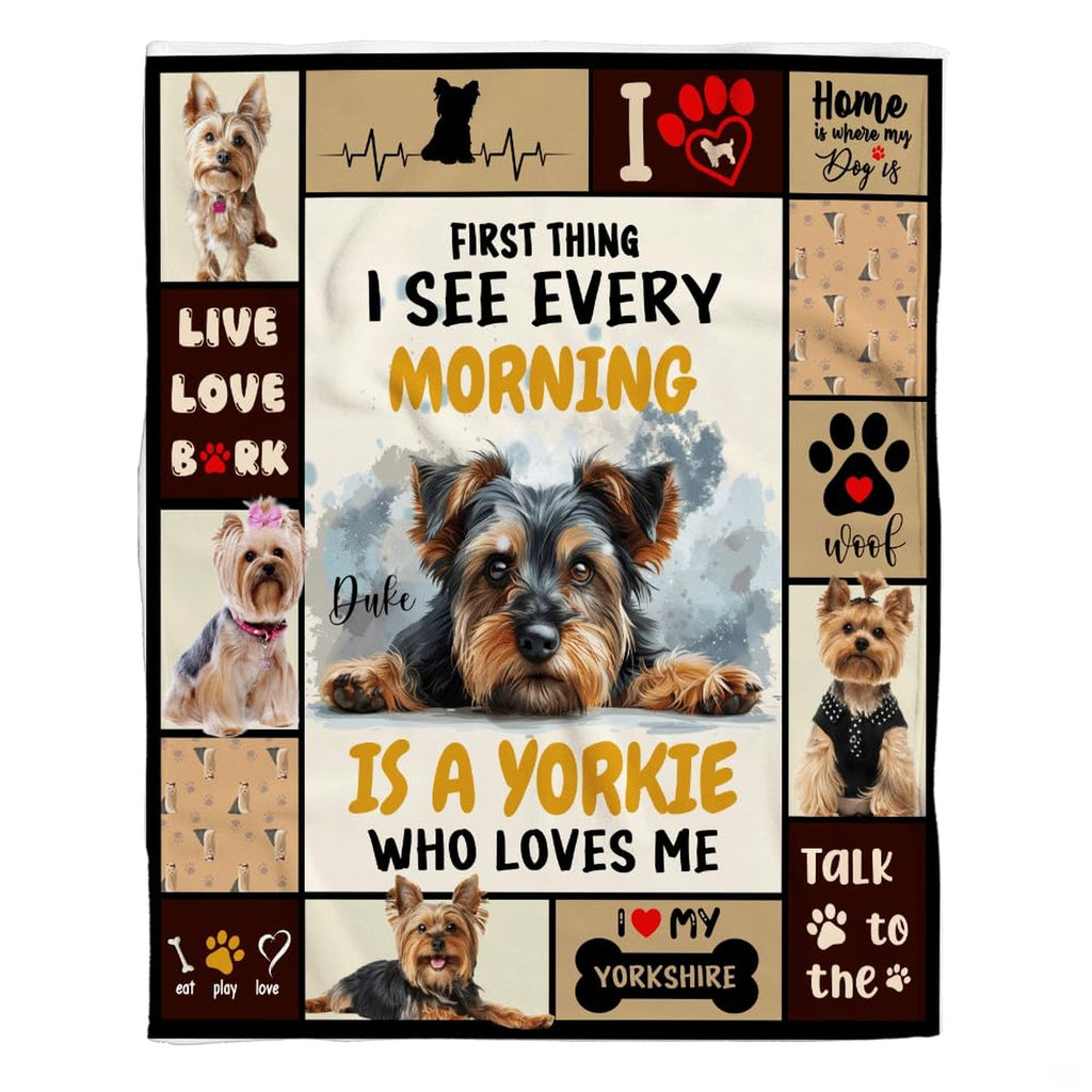 Yorkshire Terrier dog collage blanket flat product display.