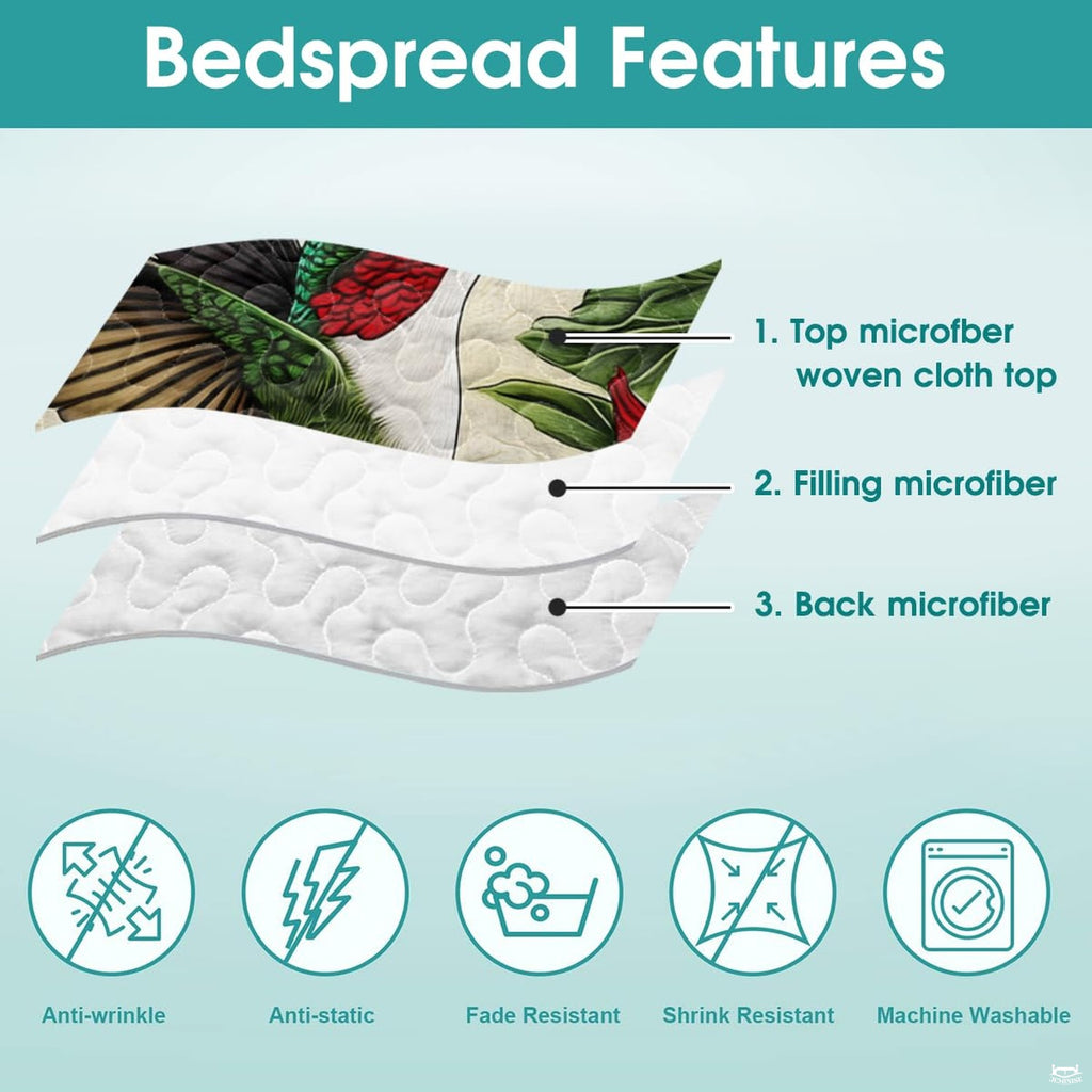 Layered bedding illustration with a crop of hummingbird and hibiscus artwork