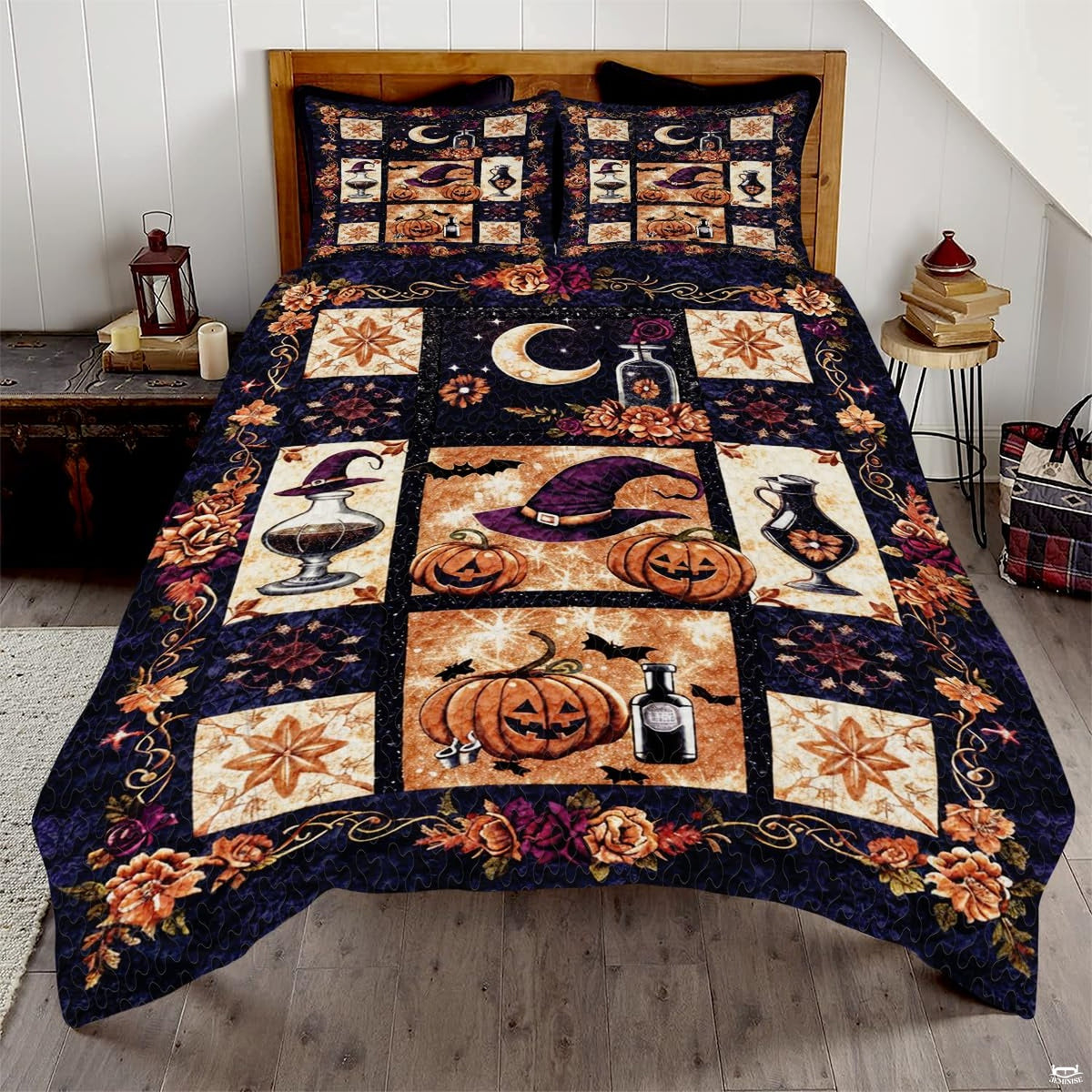 Witch Throw Quilt Set – Vintage Gothic Style Fall Bedspread for Autumn Bedroom Decor, Halloween Witch Bedding with Magical Patchwork Pattern, Soft Lightweight Quilt, Twin, Full, Queen Sizes (Color 3)