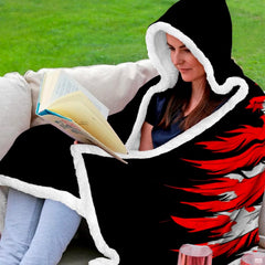 Overhead presentation of red and black warrior skull blanket