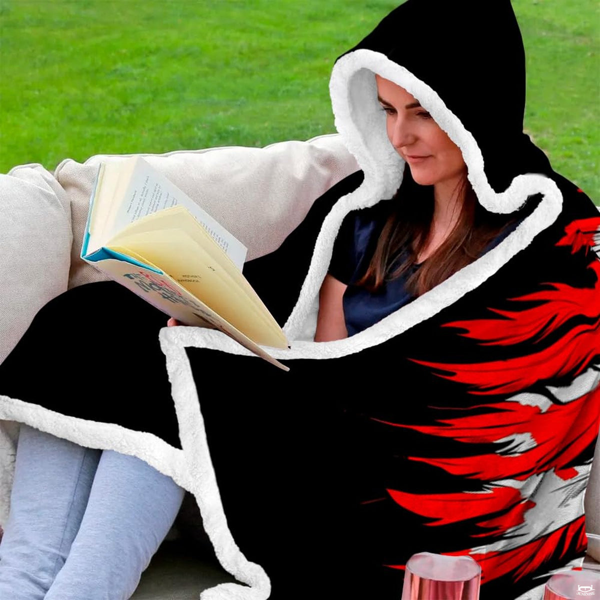 Overhead presentation of red and black warrior skull blanket