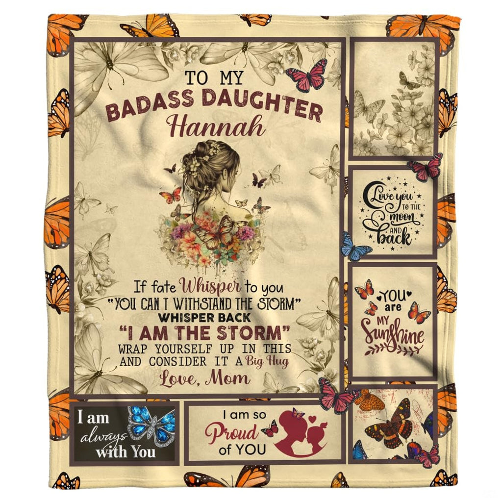 Folded daughter collage throw blanket highlighting finished edges and crisp printed graphic panels