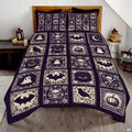 Purple gothic bedding set featuring vintage engraved skulls, bats, and floral patchwork motifs in ornate frames.