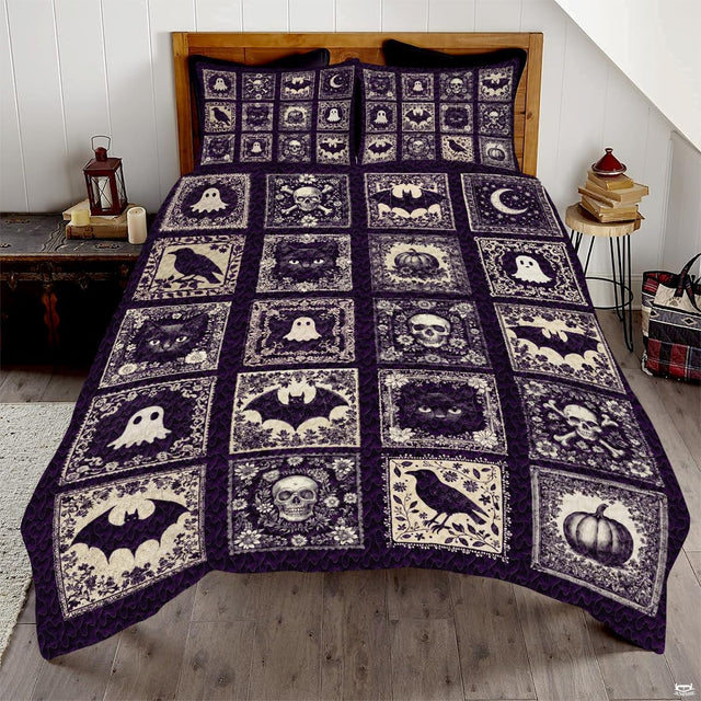 Purple gothic bedding set featuring vintage engraved skulls, bats, and floral patchwork motifs in ornate frames.
