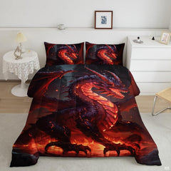 Fiery red dragon galaxy fantasy bedding set showing mythical winged beast soaring through celestial nebula clouds.