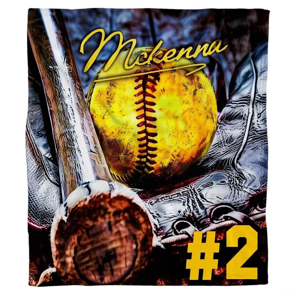 Softball player gift ideas graphic showing wooden bat, glove, and bright yellow ball.