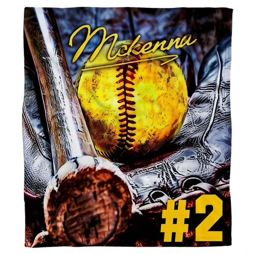 Softball player gift ideas graphic showing wooden bat, glove, and bright yellow ball.