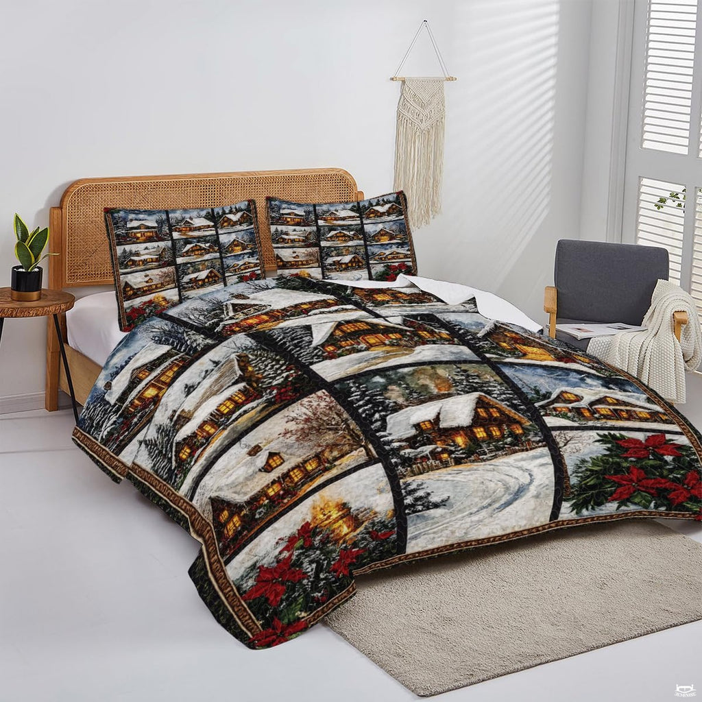 Overhead perspective of winter bedding arranged neatly across a holiday guest room mattress