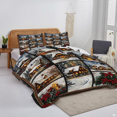 Overhead perspective of winter bedding arranged neatly across a holiday guest room mattress