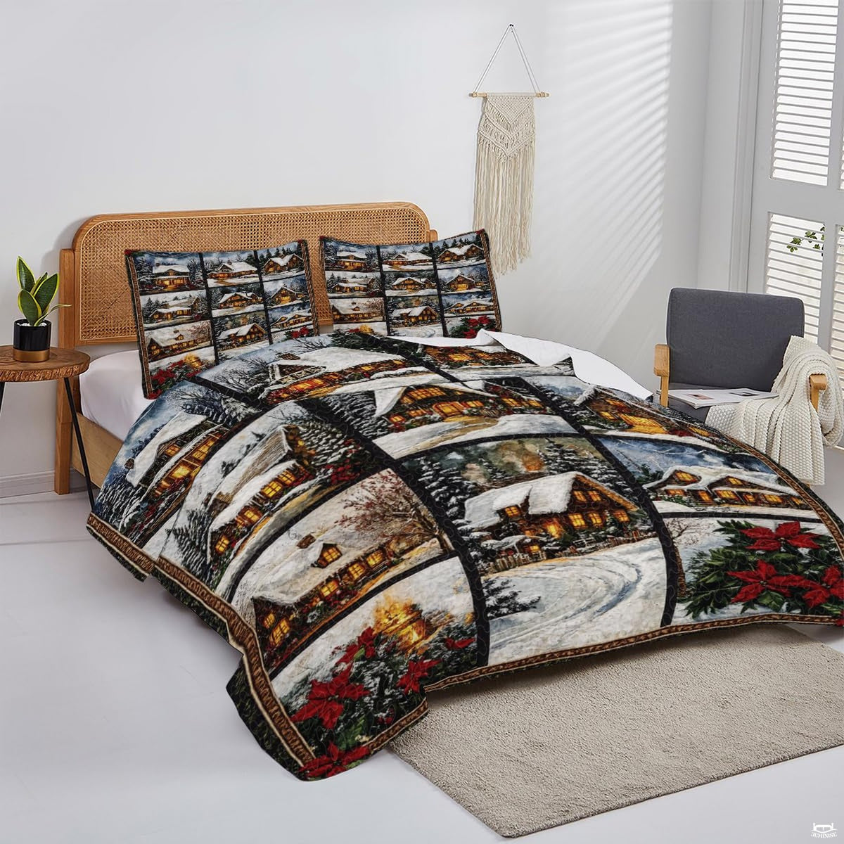 Overhead perspective of winter bedding arranged neatly across a holiday guest room mattress