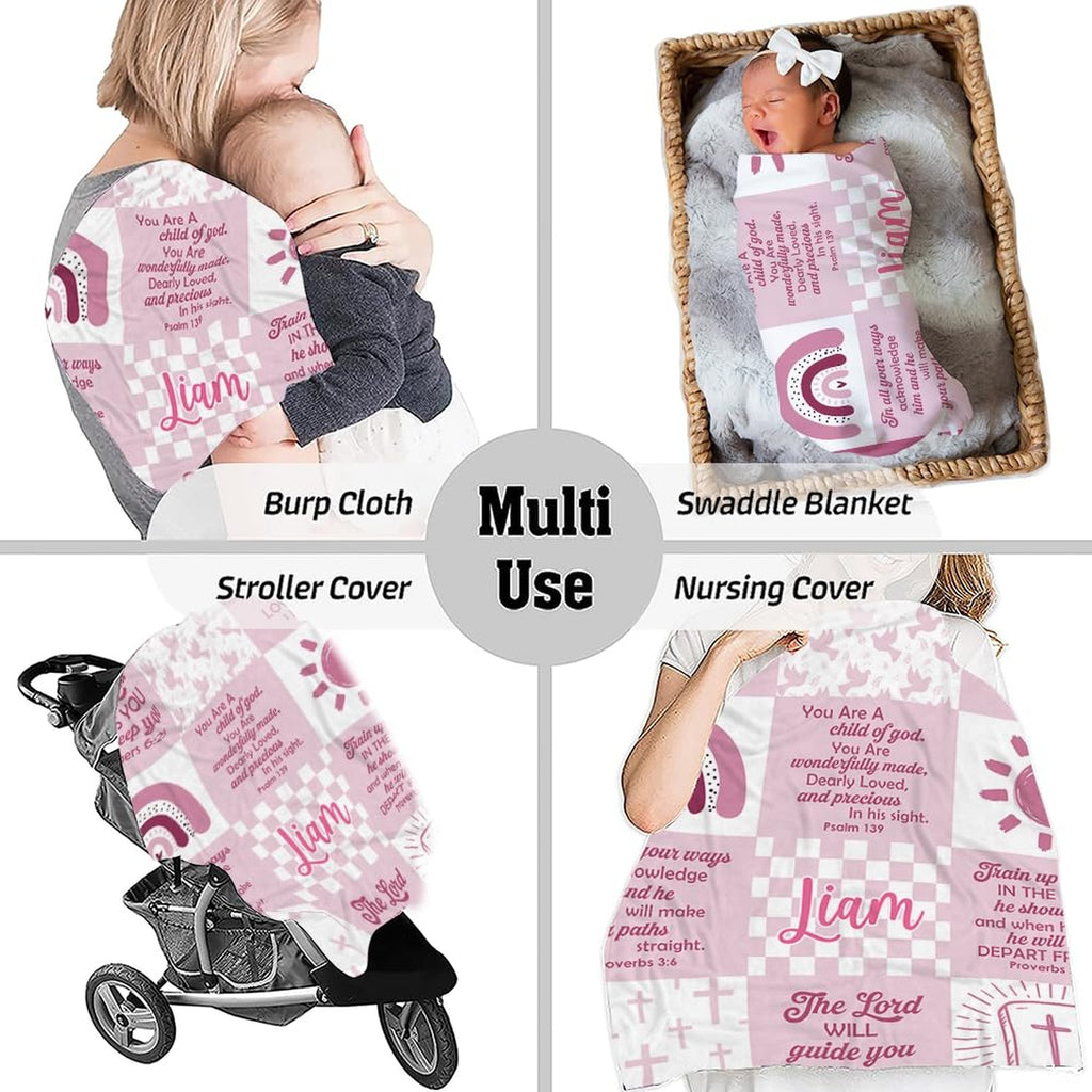Bedding displaying radiating Holy Bible emblem and checkerboard pattern in thematic accent blush and mauve tones.