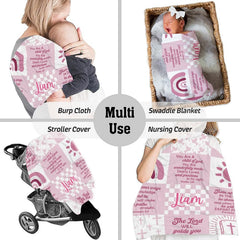 Bedding displaying radiating Holy Bible emblem and checkerboard pattern in thematic accent blush and mauve tones.
