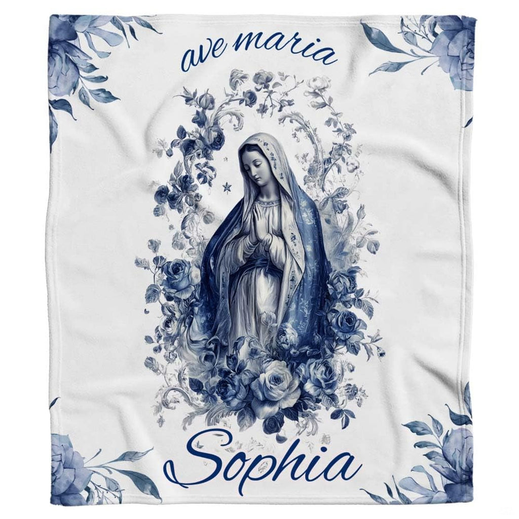 Flat graphic layout showing central Marian portrait encircled by blooming blue botanical roses and script.