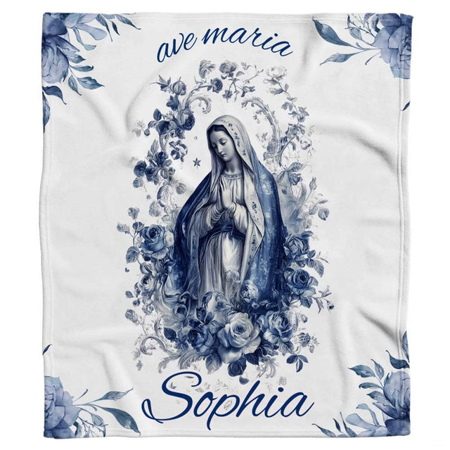 Flat graphic layout showing central Marian portrait encircled by blooming blue botanical roses and script.