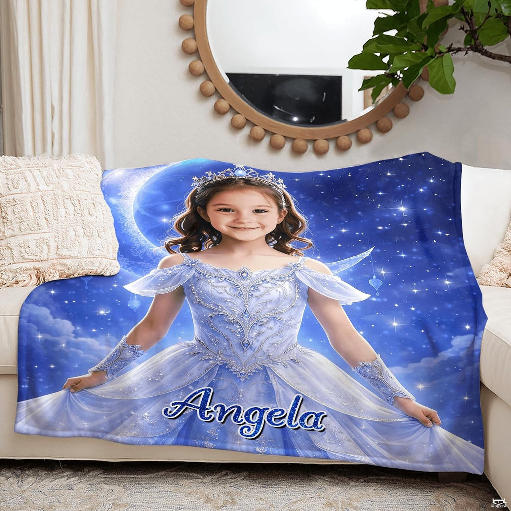 Lifestyle interior display of celestial moon princess photo blanket in a room.