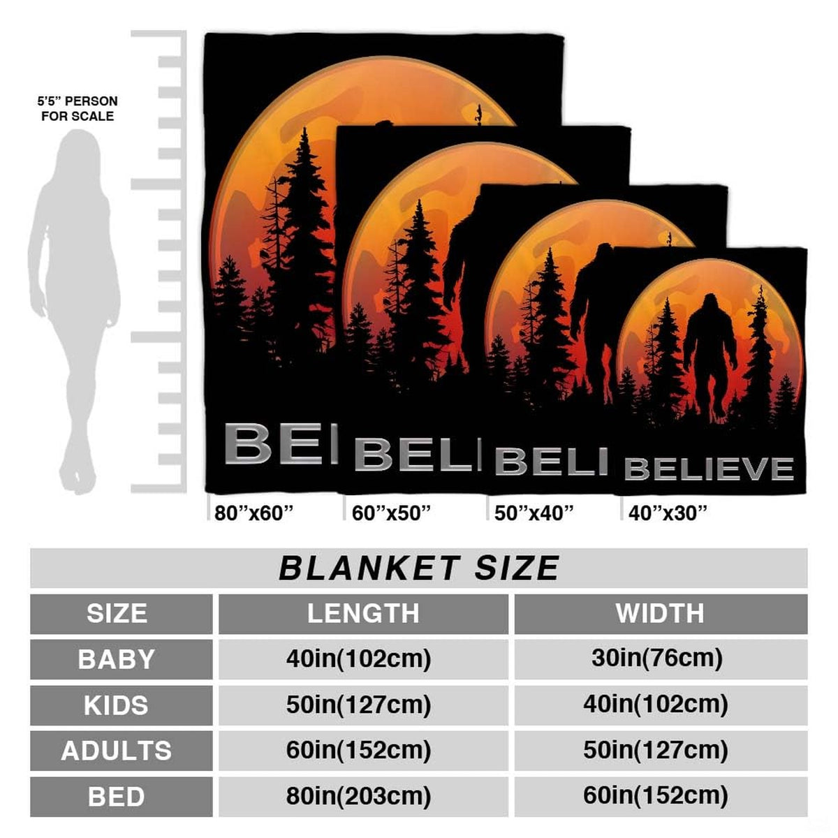 Blanket size guide showing four dimensions from baby to bed size compared alongside adult silhouette.