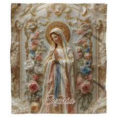 Bedroom decor styling highlighting baroque scrollwork and Virgin Mary prayer artwork on faux bedding set.