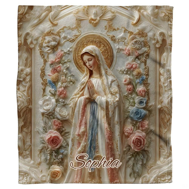 Bedroom decor styling highlighting baroque scrollwork and Virgin Mary prayer artwork on faux bedding set.