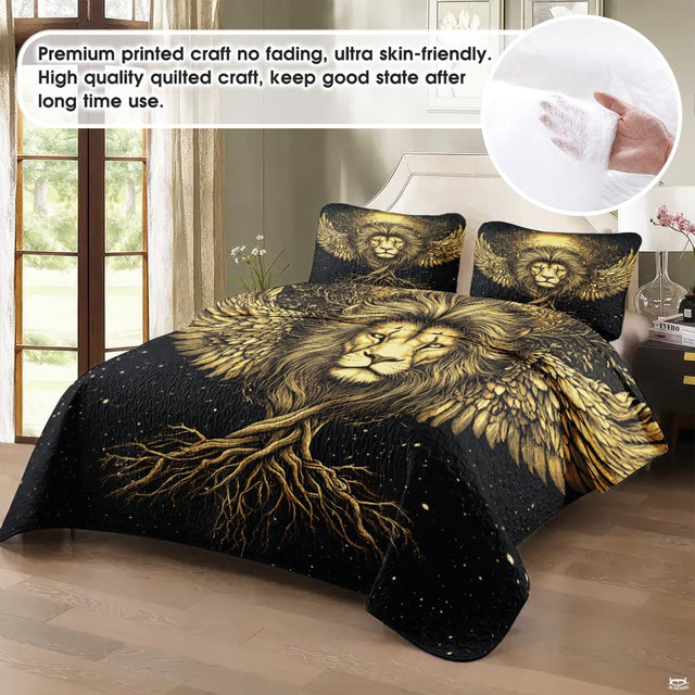 Close-up perspective of fantasy bedding detailing lion facial features, gilded wing feathers, and intricate timber roots