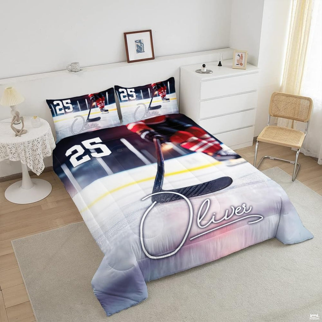 Close-up perspective of hockey bedding highlighting goalie silhouette, ice spray effects, and equipment graphics