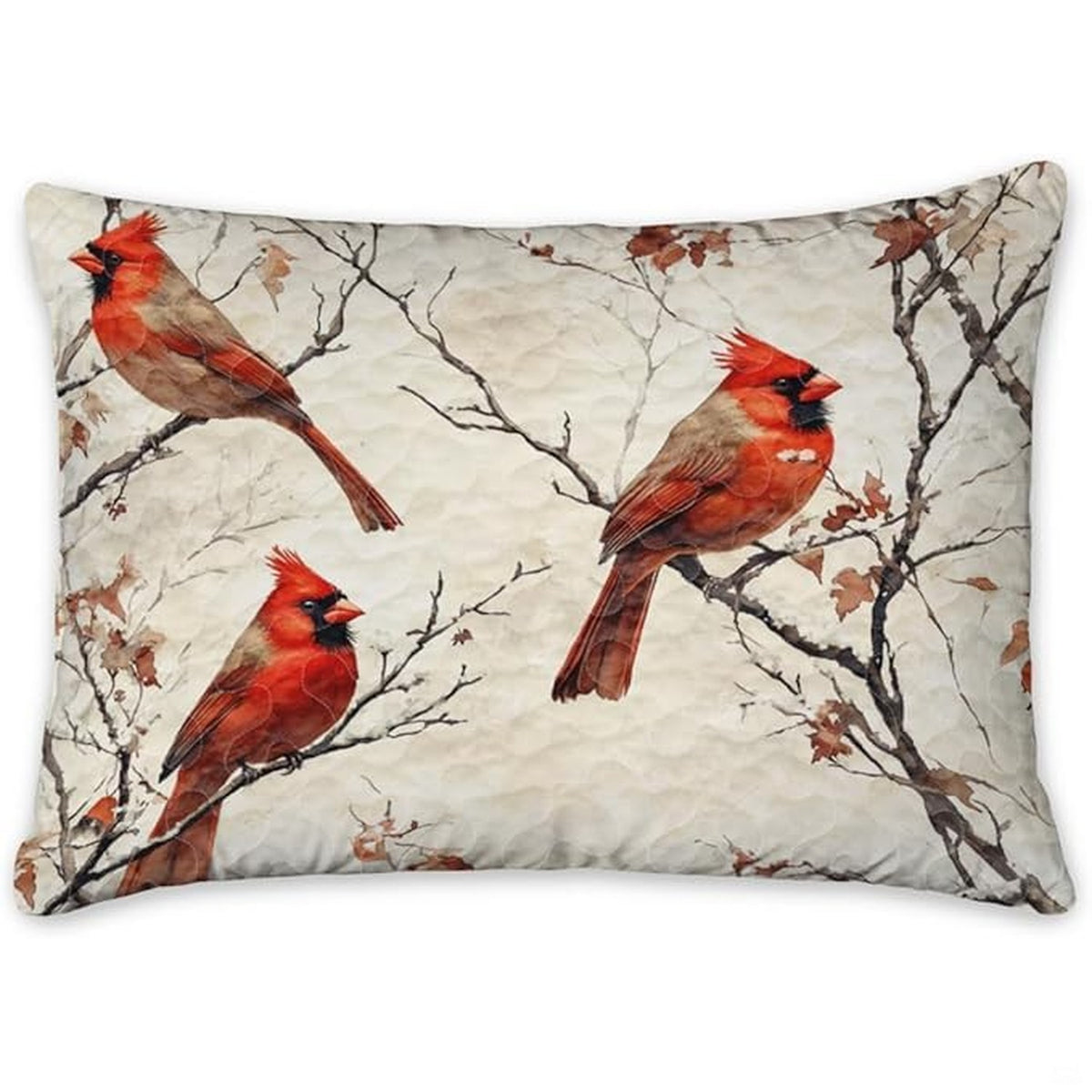 Overhead display of birch cardinal bedding arranged neatly over a mattress in a bright bedroom