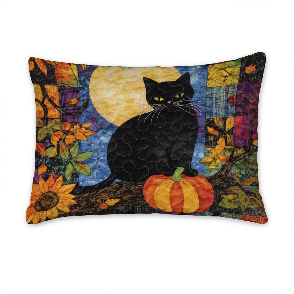 Matching pillow sham detail for autumn bedding set displaying coordinated black cat and moonlit bough scene