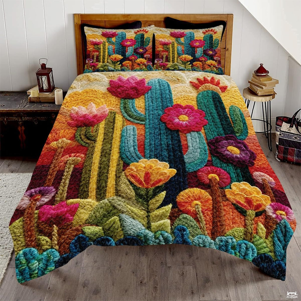 Personalized Vibrant Embroidered Desert Cactus Quilt Set