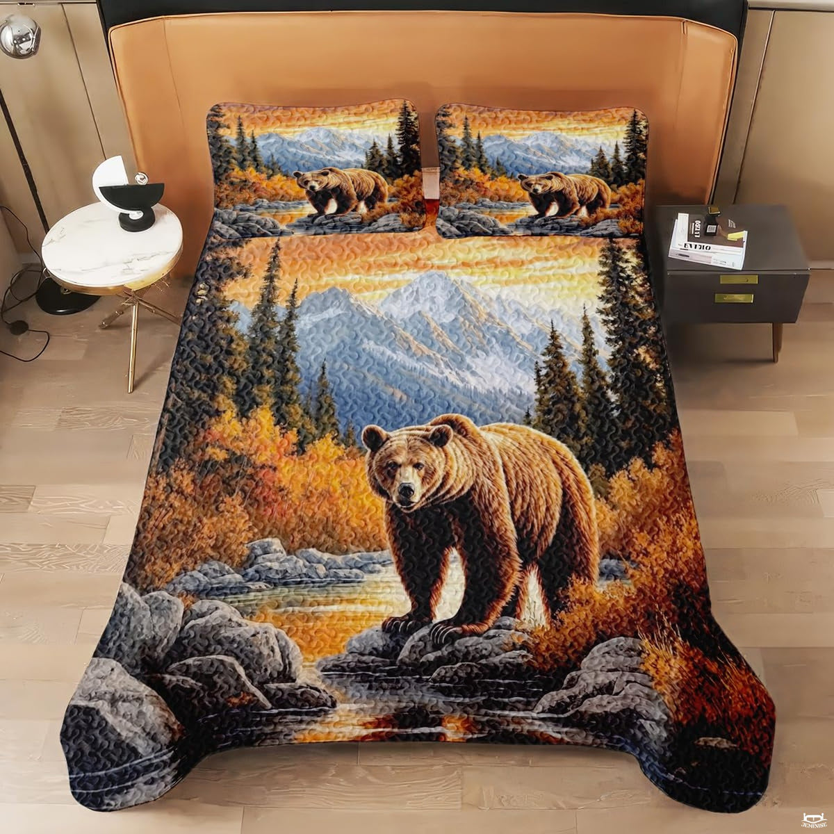 Full bedroom display of vintage ochre bear bedding styled with lodge decor and natural accents