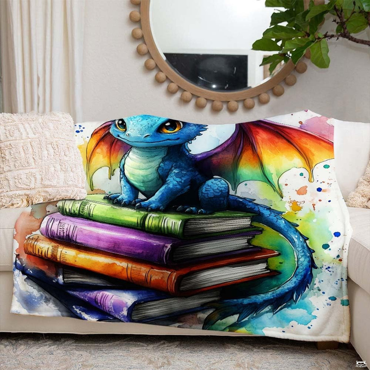 Lifestyle setting displaying the cute baby dragon throw blanket folded on an armchair.