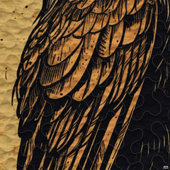 Close-up view of Viking bedding highlighting detailed outstretched raven wings, runic letters, and knotwork