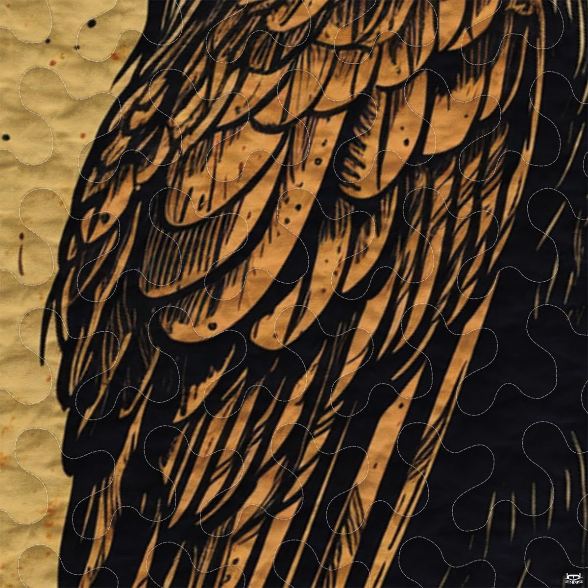 Close-up view of Viking bedding highlighting detailed outstretched raven wings, runic letters, and knotwork