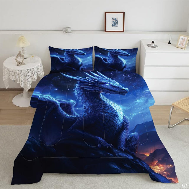 Overhead bedroom view of fantasy bedding featuring crystalline blue dragon on mountain summit under starry sky.
