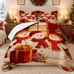 Festive Christmas bedding set featuring smiling snowmen in red beanies with pine boughs and berries.