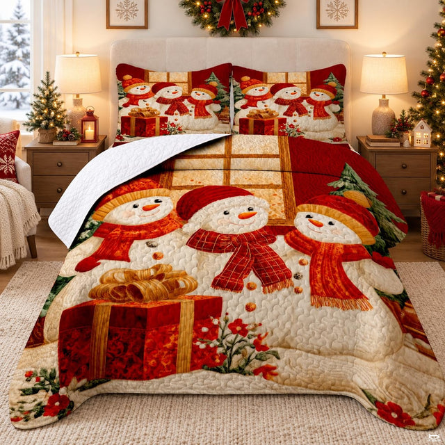 Festive Christmas bedding set featuring smiling snowmen in red beanies with pine boughs and berries.