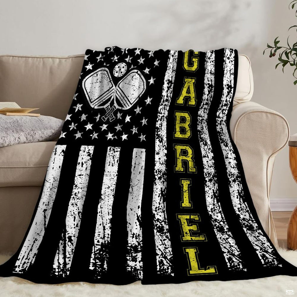 Distressed American flag graphic with crossed pickleball paddles and yellow lettering, view 6.
