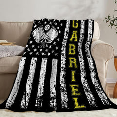 Distressed American flag graphic with crossed pickleball paddles and yellow lettering, view 6.
