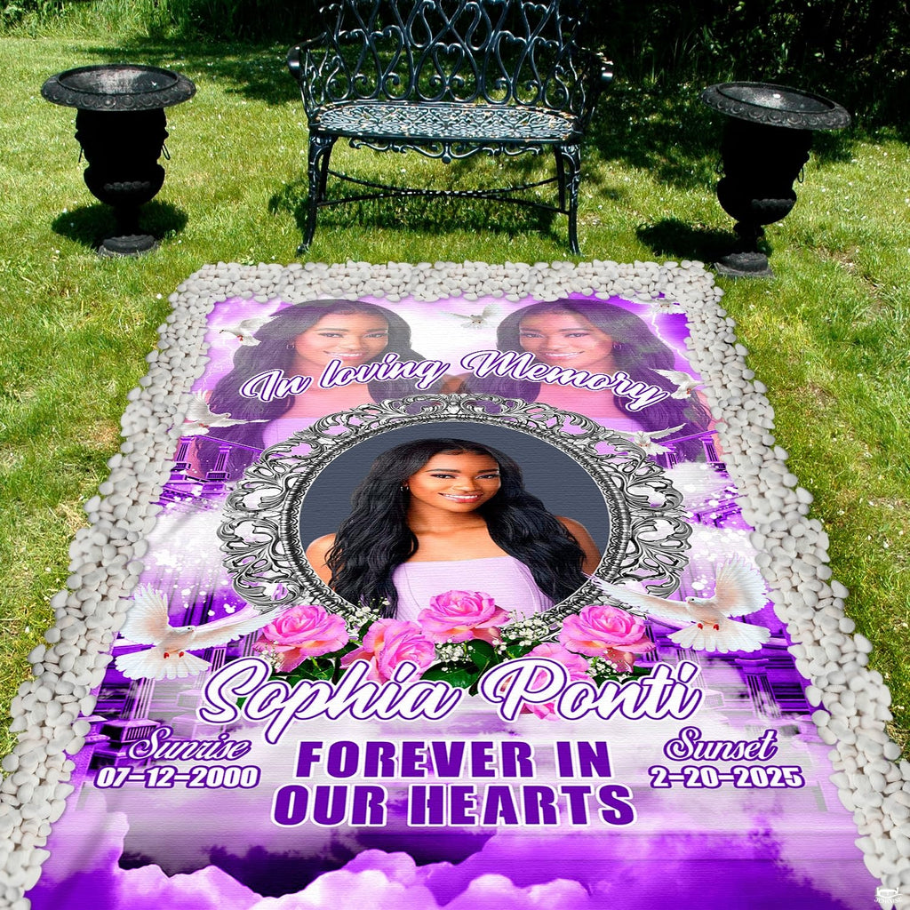 Corner perspective of memorial remembrance drape highlighting lavender clouds