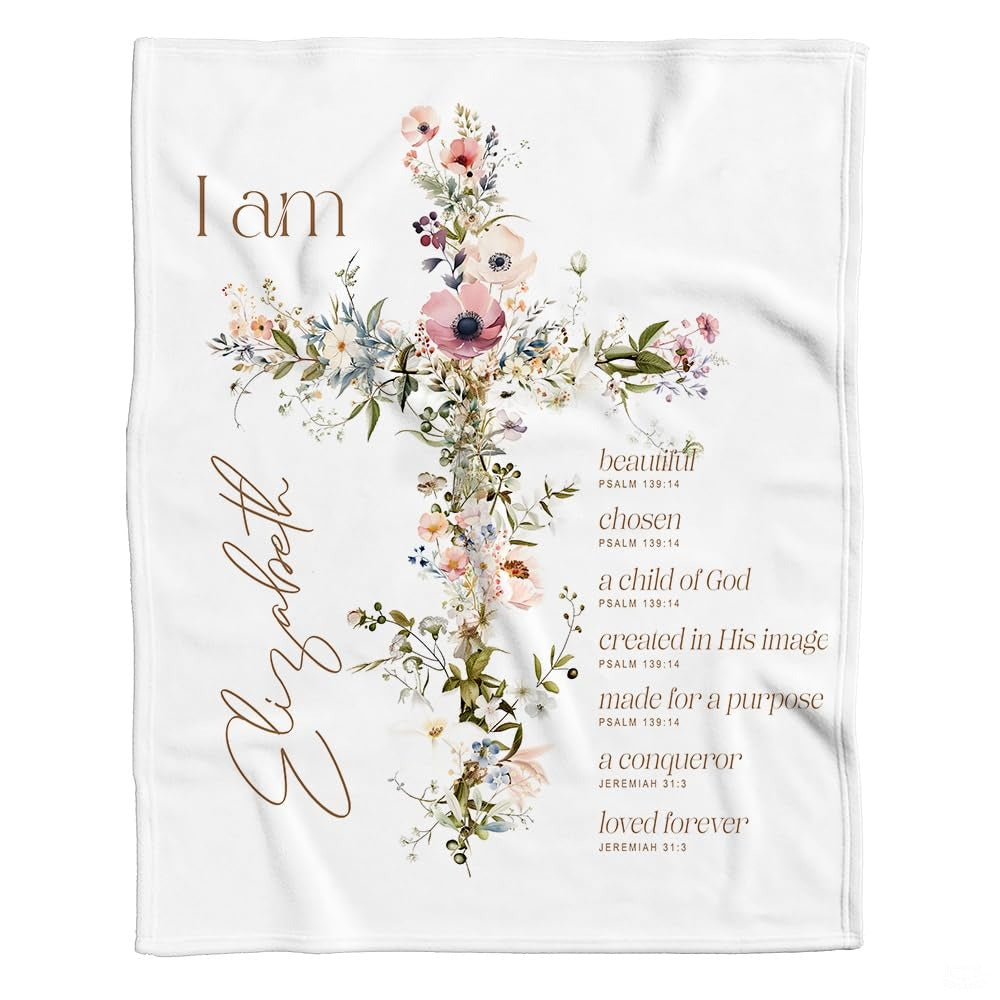 Personalized Floral Cross Christian Affirmation Blanket, Lightweight