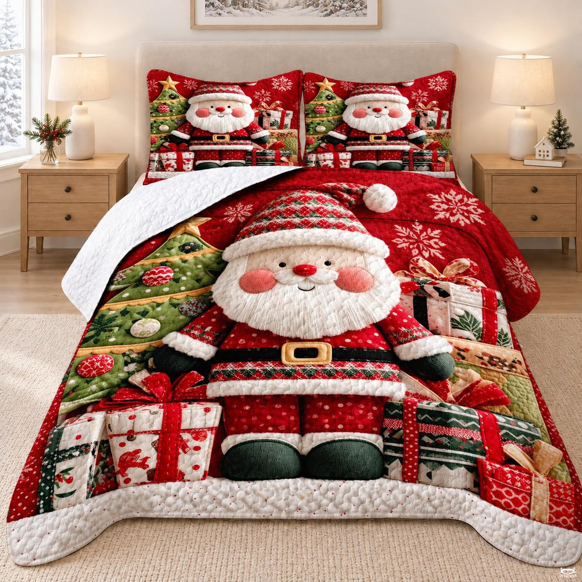 Festive Santa Claus bedding set featuring a charming holiday illustration with wrapped gift boxes and a Christmas tree.