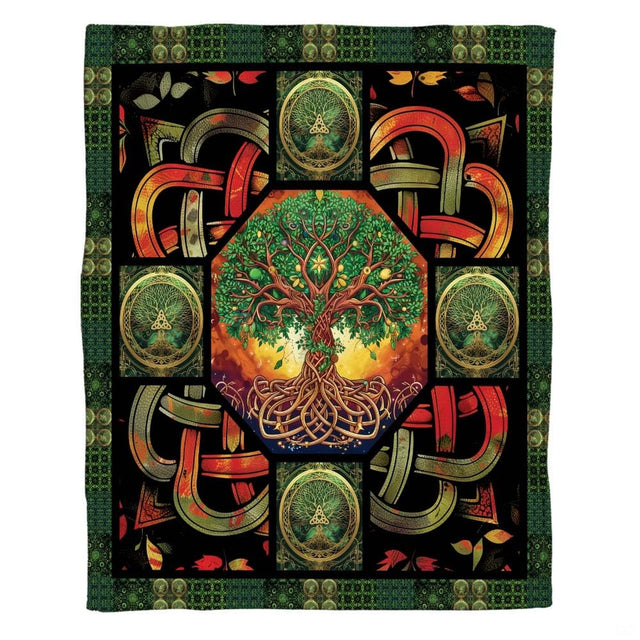 Detailed view of sprawling golden roots and sacred geometry borders on dark bedding set.