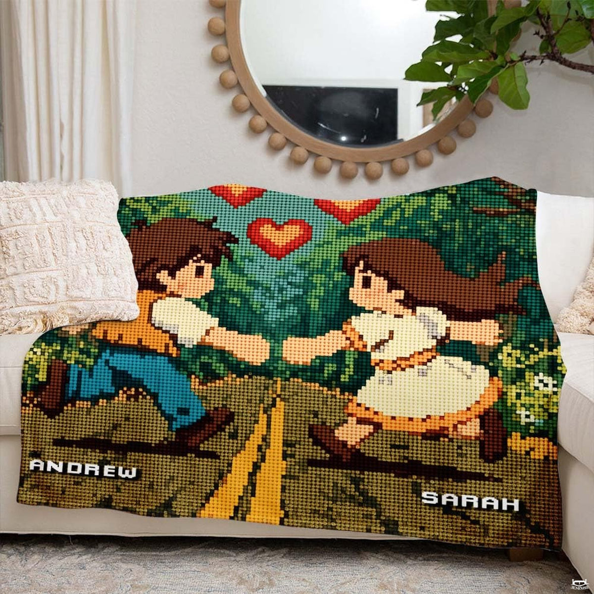 Folded pixel art romantic forest throw blanket resting on wooden table displaying retro game art